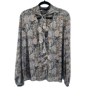 Elementz Women’s XL Black Gray Animal Print Tie Neck Blouse Puff Sleeve
